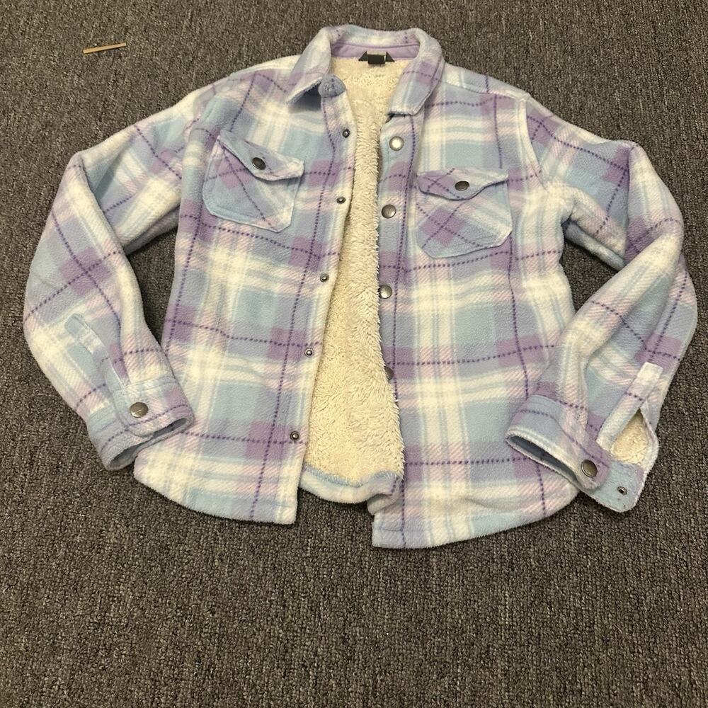 Eddie Bauer Kids Sherpa-Lined Plaid Shacket Jacket Size 10/12 Blue Purple